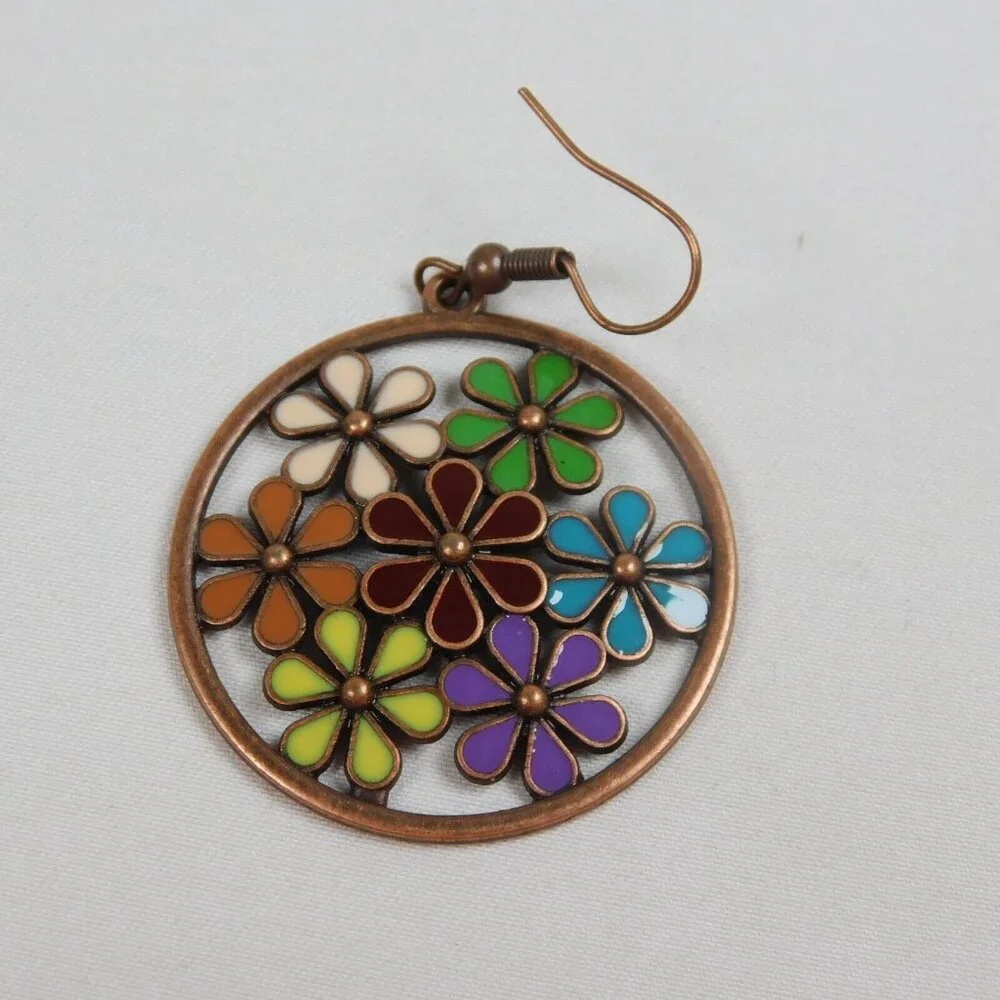Flower Power Boho Bronze Tone Round Drop Earrings Multicolor Cutout 2.25" Dia - Picture 3 of 7